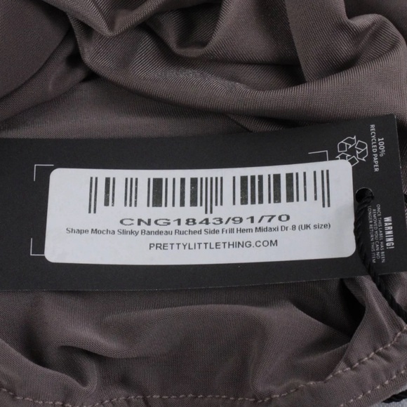 PRETTYLITTLETHING • Shape Mocha Slinky Bandeau Ruched Side Frill Midaxi Dress - Picture 5 of 7